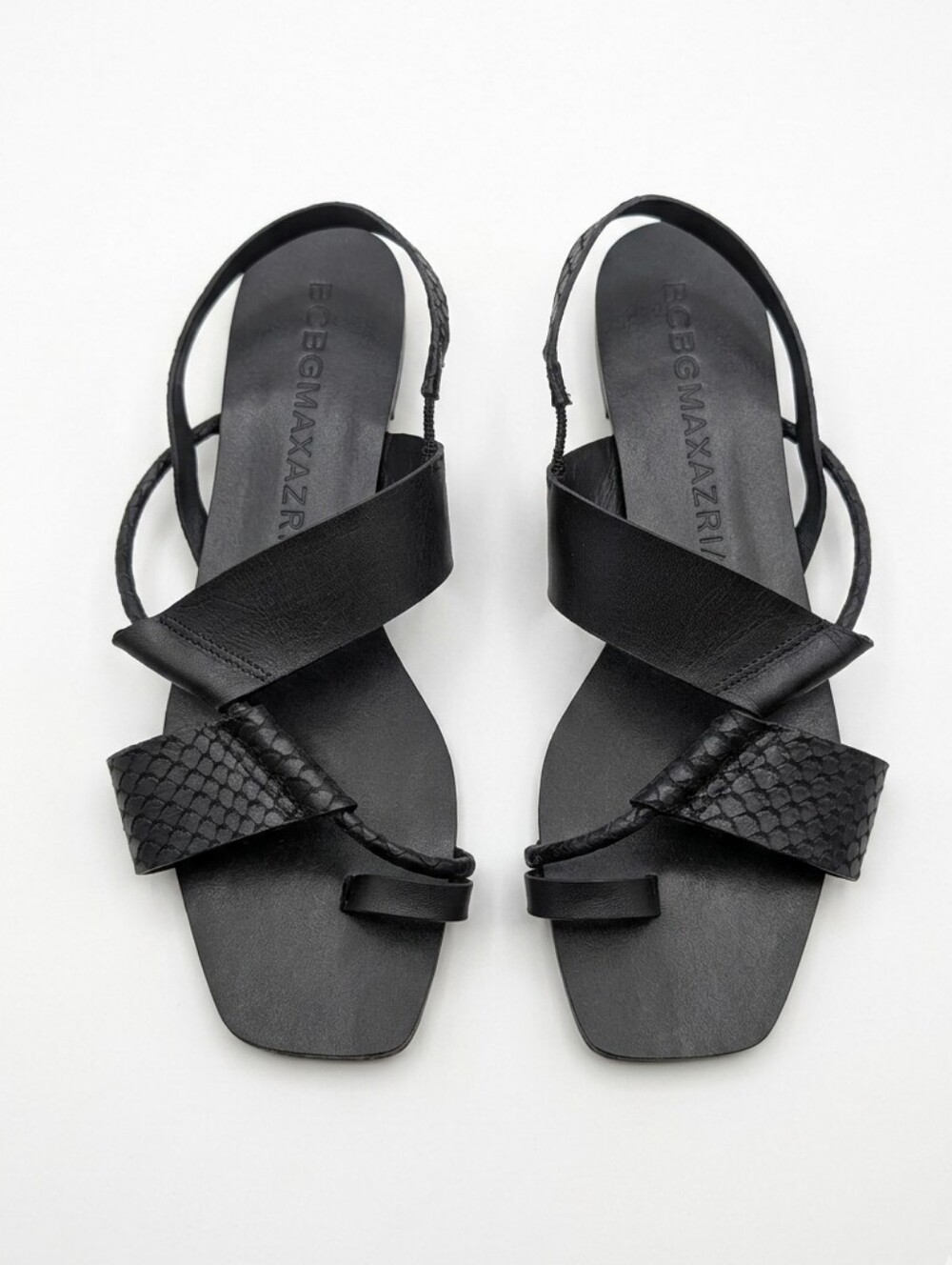 BCBGMAXAZRIA Black Leather Strappy Flat Sandals